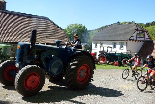 Gegen 12 Uhr wird es laut auf dem Gelände rund um die Eisenhütte. Dann kommen die historischen Trecker der Oldtimerfreunde Altenaffeln. Die Fahrzeuge parken auf der Wiese vor der Luisenhütte. Foto: Bernadette Lange / Märkischer Kreis 