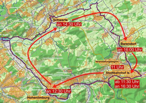 Die Jubiläumstour zum Ruhr-Lenne-Achter führt am Pfingstmontag ab 11 Uhr vom Stadtbahnhof Iserlohn über Hagen-Hohenlimburg, Schwerte, Iserlohn-Barendorf zurück zum Stadtbahnhof Iserlohn.