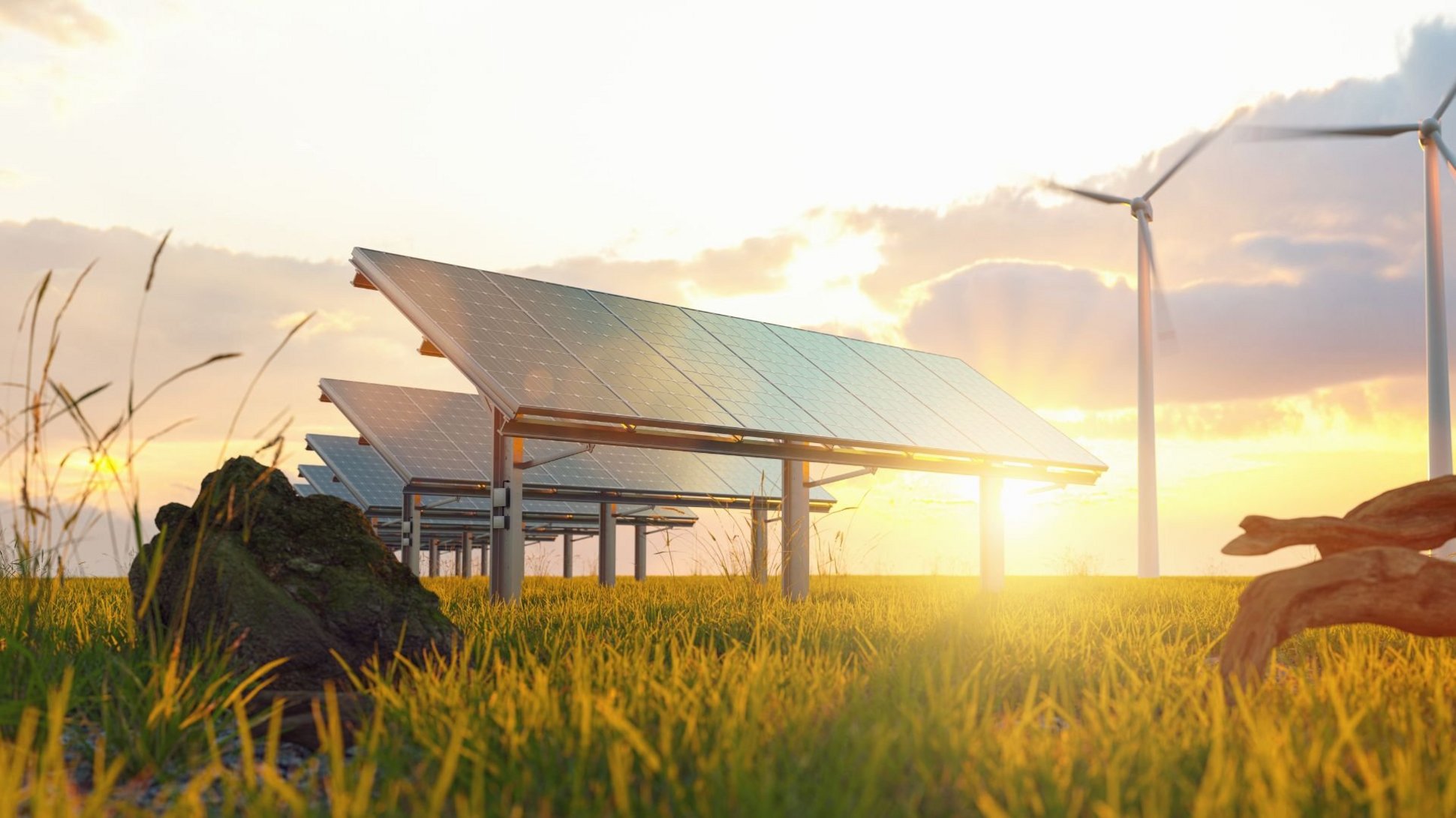 canva.com/rcphotostock Windräder und Solarzellen vor wolkigen Himmel