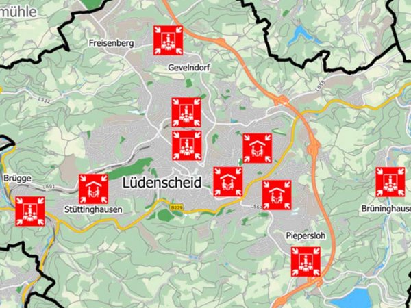 Zu sehen ist die Karte von Lüdenscheid, auf der gekennzeichnet ist, wo Betreuungs- und Info-Punkte im Notfall sind 