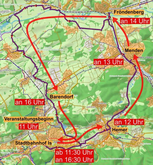 An Fronleichnam (4. Juni) startet die Jubiläumsrunde ab 11 Uhr am Stadtbahnhof Iserlohn und führt über Menden, Fröndenberg und Iserlohn-Barendorf zurück zum Stadtbahnhof Iserlohn.